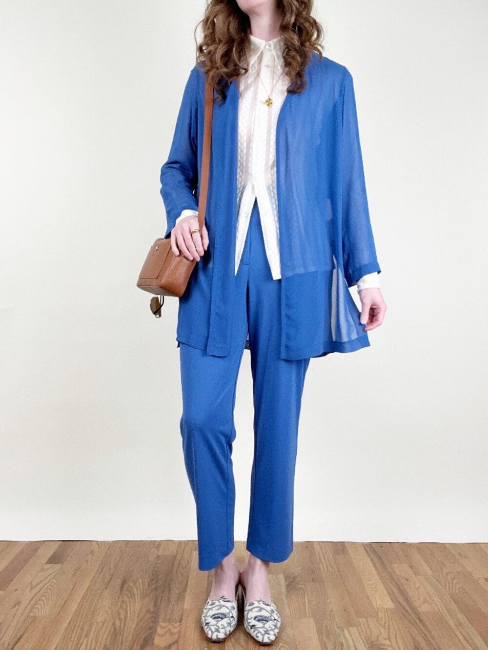 Vintage 'Rhapsody In Blue' Matching Set Sheer Cardigan Duster Trouser Pants Suit
